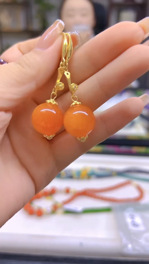 14K金镶嵌蜜蜡耳饰DIY款E722