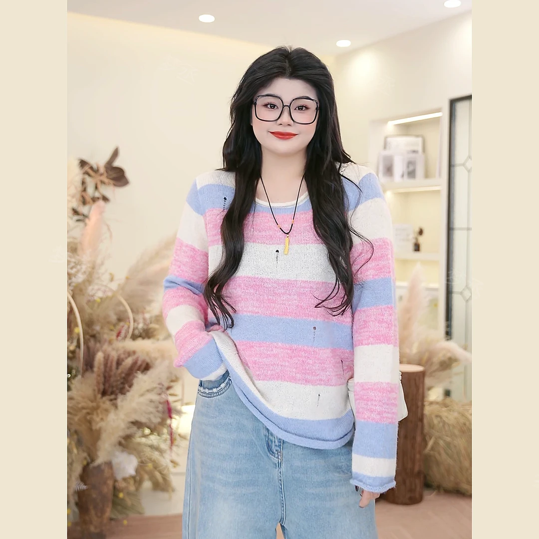 梦丞【打翻调色盘】大码女装圆领彩色条纹百搭减龄显瘦长袖针织衫