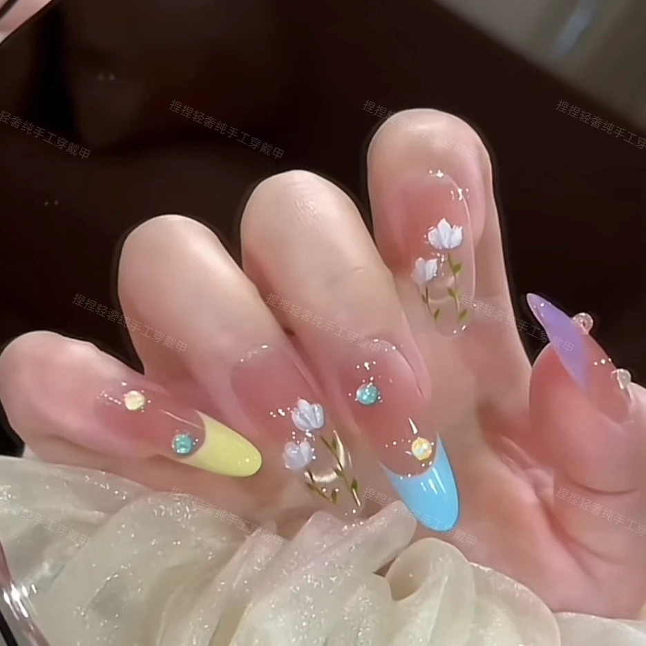 【花季少女】纯手工穿戴甲彩色多巴胺郁金香春天日常百搭捏捏穿戴甲