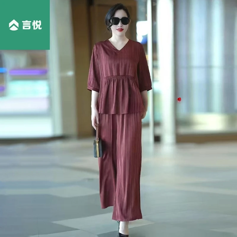 424时尚妈妈大码宽松两件套夏装新款遮肉显瘦短袖上衣阔腿裤套装