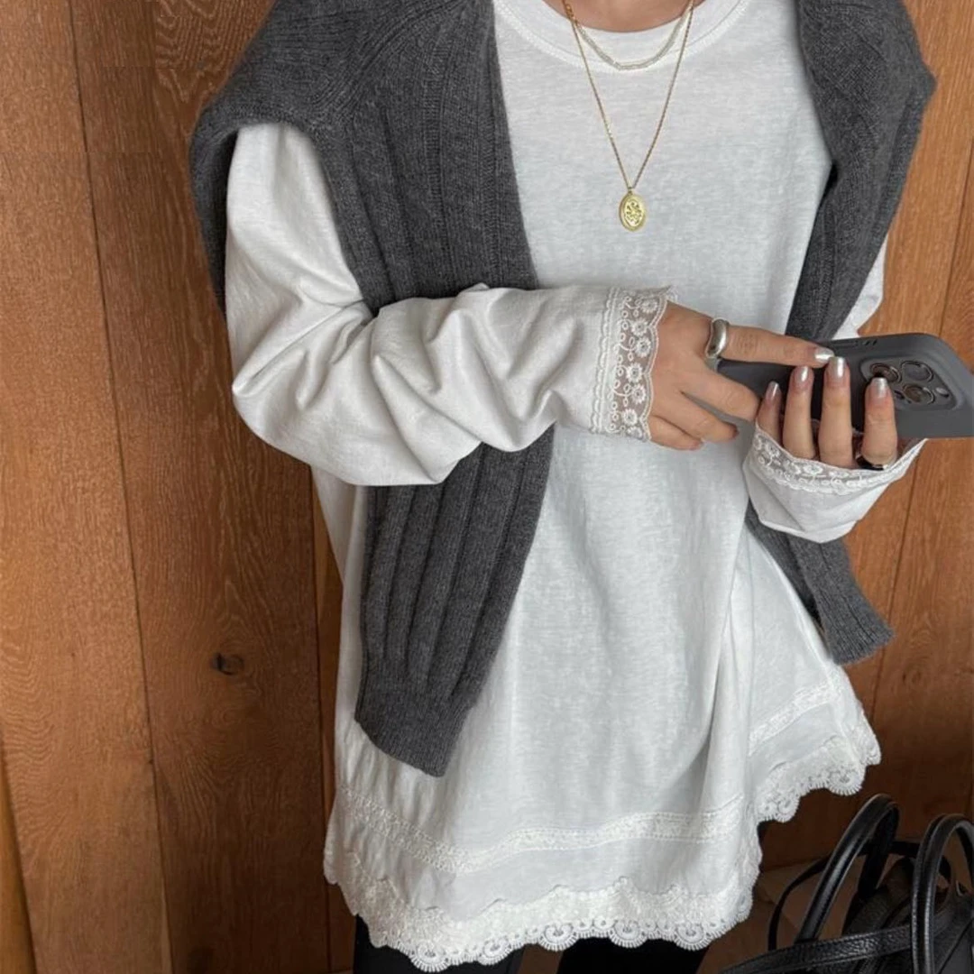 纯色拼接蕾丝花边T恤网红时尚薄款宽松长款9573