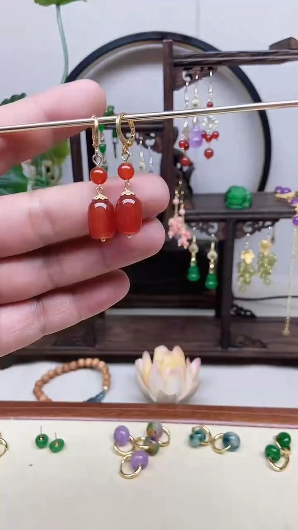 南红玛瑙14K金镶嵌耳饰81号