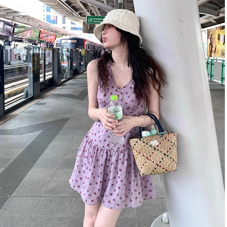 韩系夏天衣服温柔紫色碎花雪纺连衣裙女V领小收腰显瘦无袖a字短裙