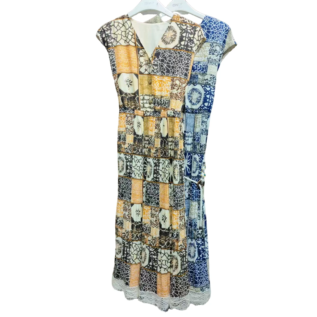 MY 5683时尚V领印花系带连衣裙