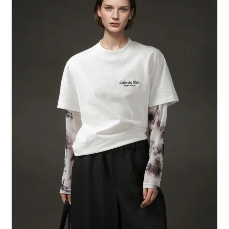 meili-字母印花设计网纱拼接假两件T恤女长袖打底衫PI24X401