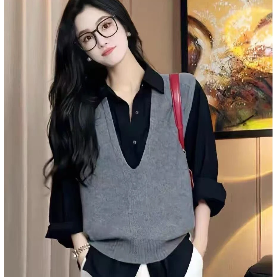 V领女款新款叠穿简约纯色财阀千金百搭外穿毛衣背心坎肩针织背心