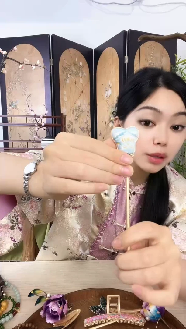 刺绣新中式蚕丝掐丝绒花发簪子手作桃花朵日常穿搭古典旗袍发饰品