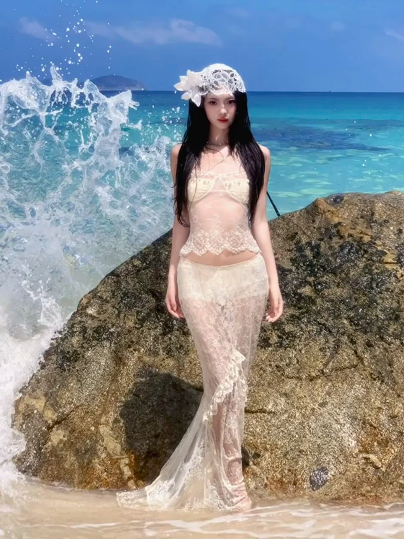 海边度假辣妹套装女夏季性感蕾丝抹胸上衣网纱鱼尾包臀半裙一整套
