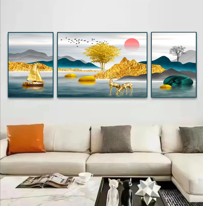【甄选五帝钱版】客厅三联画【背靠金山】5002晶瓷镶钻装饰画