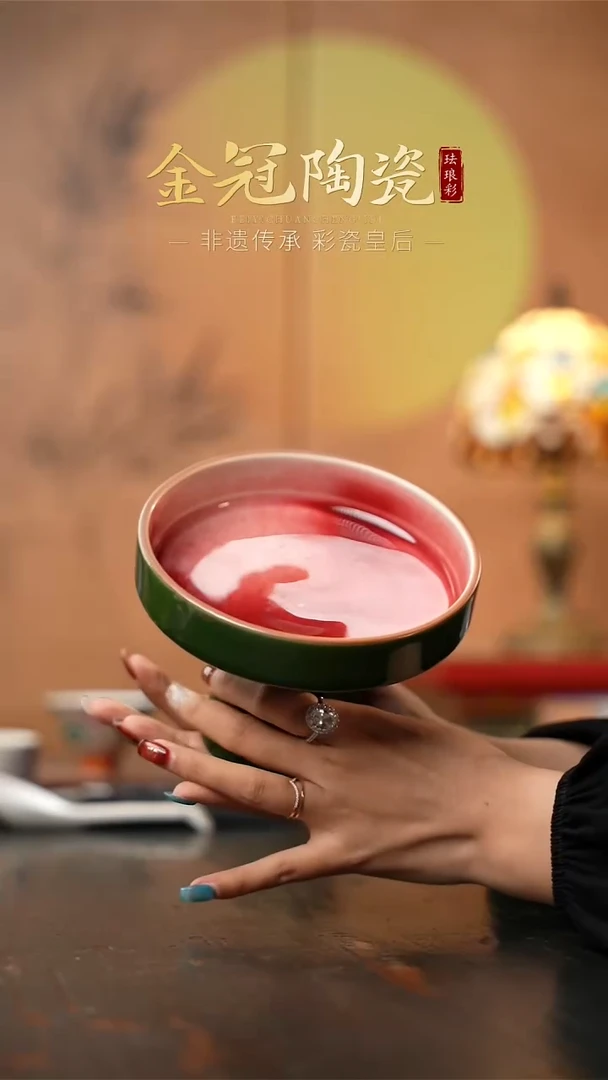 陶瓷松绿郎红高脚点心果盘