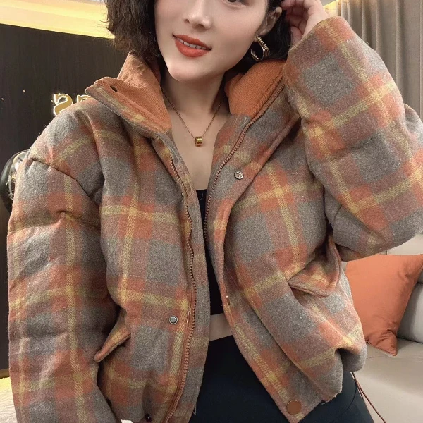 【耿老板1251#】复古港风枫叶黄格立领小短款防寒服外套