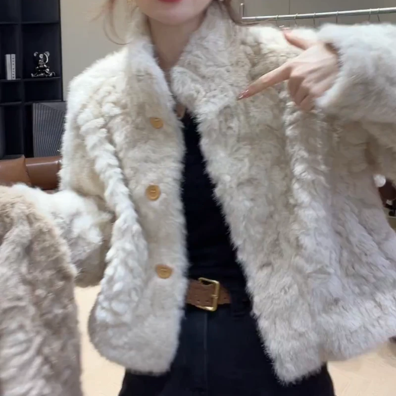 冬季新款复古立领洋气时尚纽扣毛毛短款外套上衣LK2508723