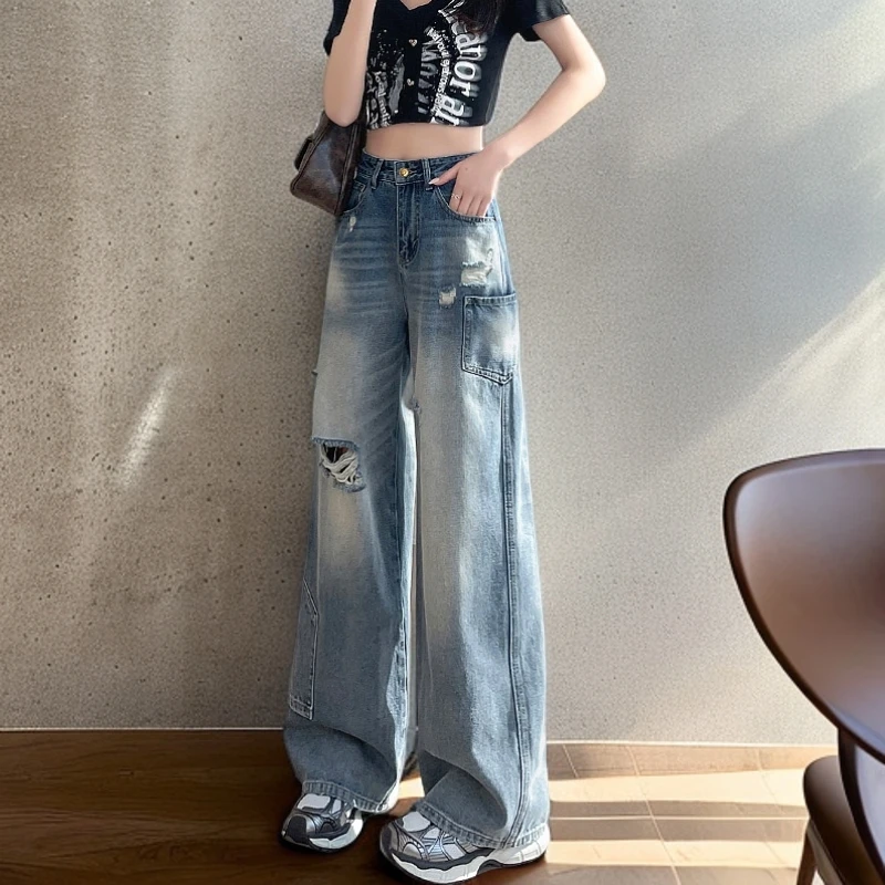 破洞工装牛仔裤女高腰春夏2025新款宽松直筒设计感小众垂感阔腿裤