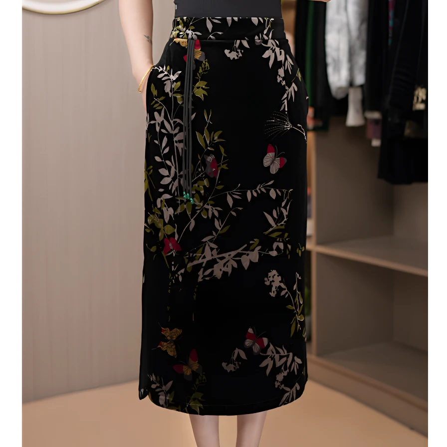 2025春夏新款丝绒半身裙高腰显瘦气质百搭A字裙国风女士半裙时尚