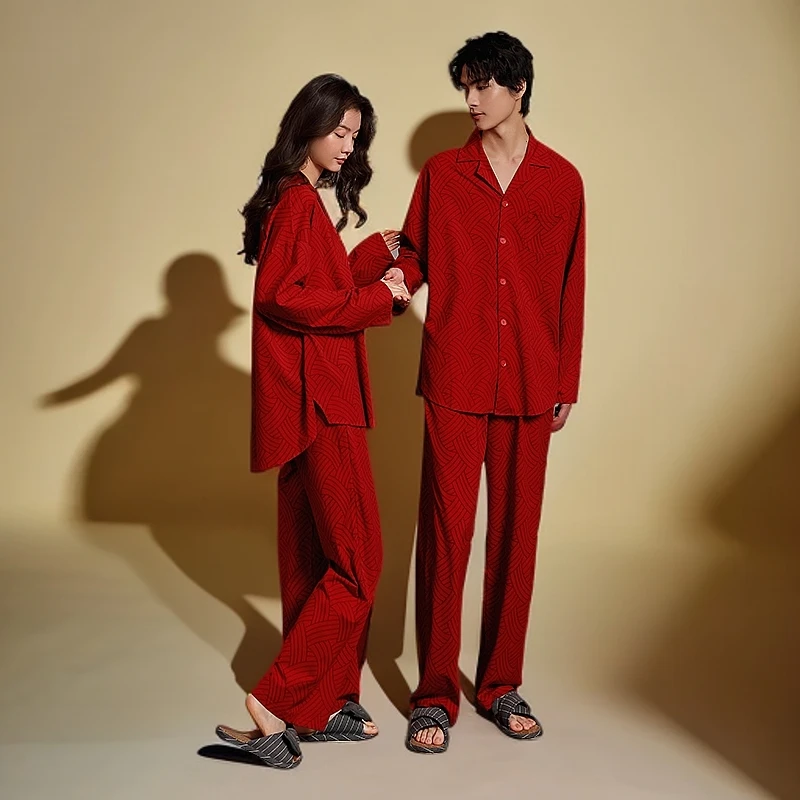 悦内红色睡衣长袖情侣秋冬结婚新婚新娘纯棉一对拖鞋春秋款家居服