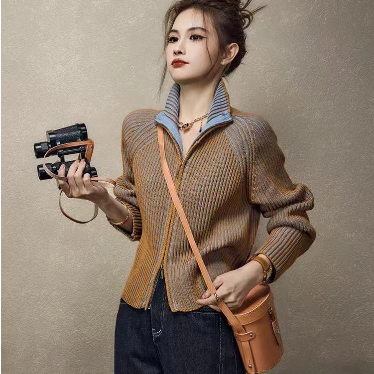 春季新款双头拉链翻领开衫洋气毛衣女春秋外套2025宽松百搭显瘦