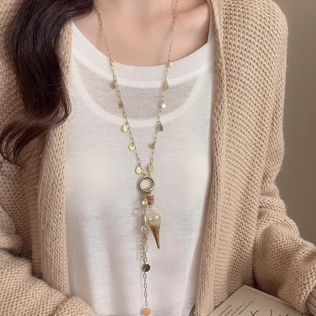 钛钢项链 金色沙漏吊坠圆片流苏项链小众高级毛衣链轻奢气质配饰
