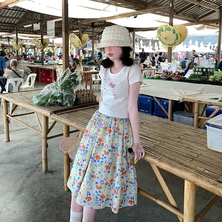 碎花初恋风中长裙高腰半身裙女甜美小清新韩版显瘦时尚设计感伞裙