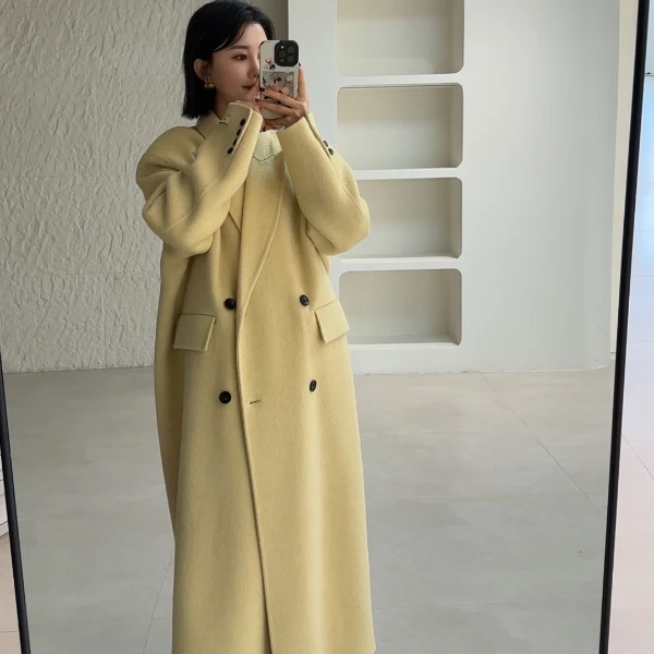 时尚长款黄色双面羊毛大衣