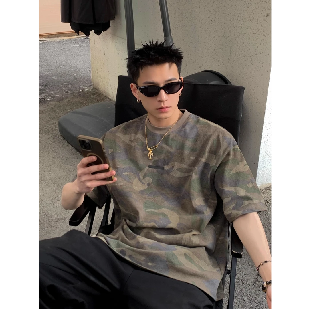 夏季重磅纯棉300克做旧水洗迷彩字母短袖百搭机能风宽松圆领T恤男