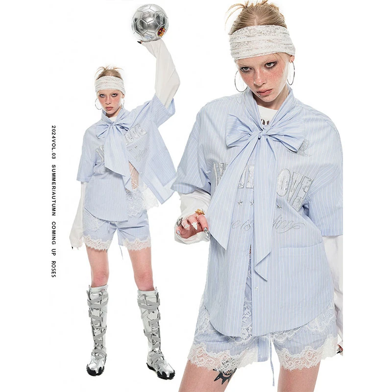 1JINN STUDIO蝴蝶结绑带球服条纹短袖衬衫衬衣女夏宽松设计感上衣