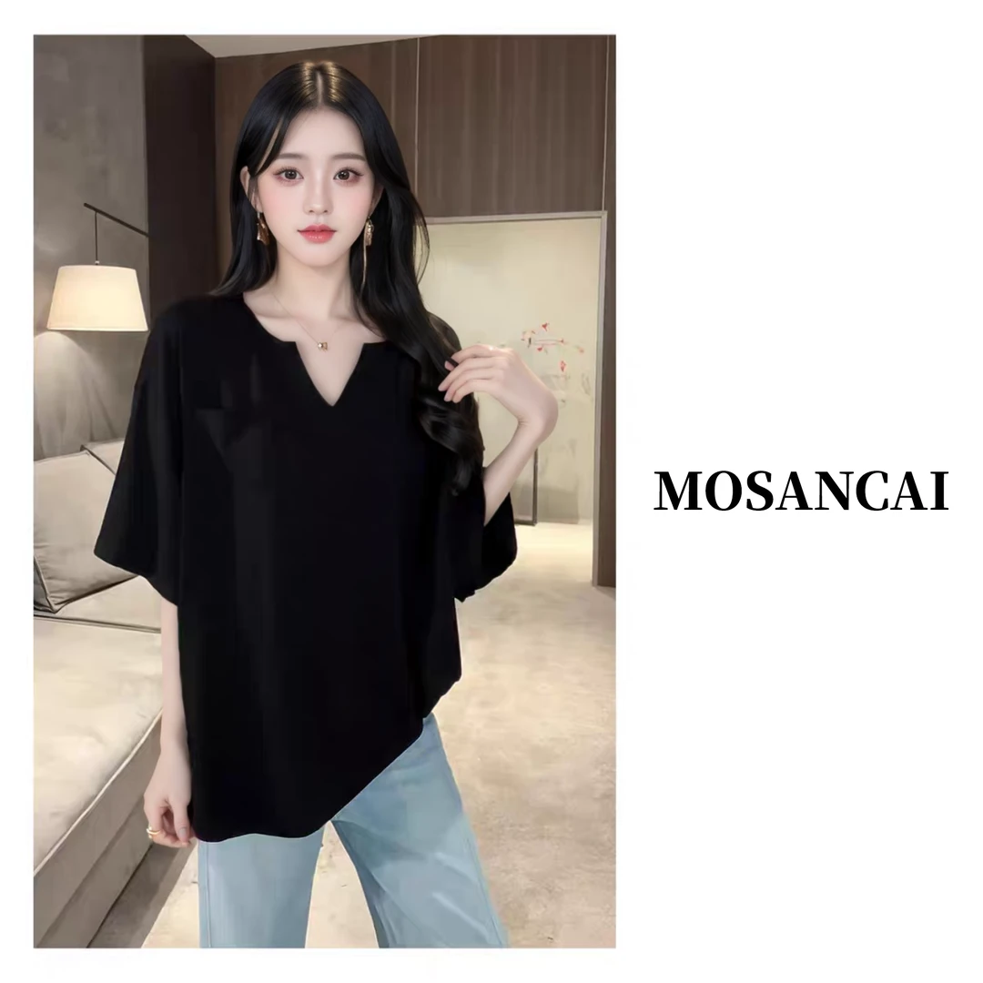 【小V领短袖】口袋简约慵懒大领口宽松oversize高级夏季短袖女C2506