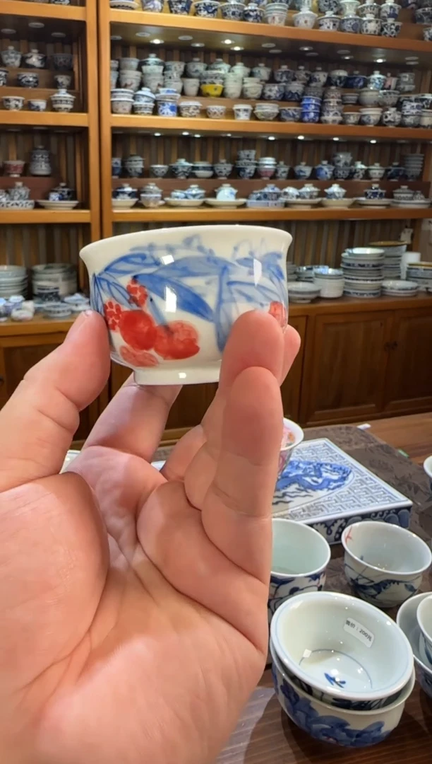 青花荔枝杯子手工手绘