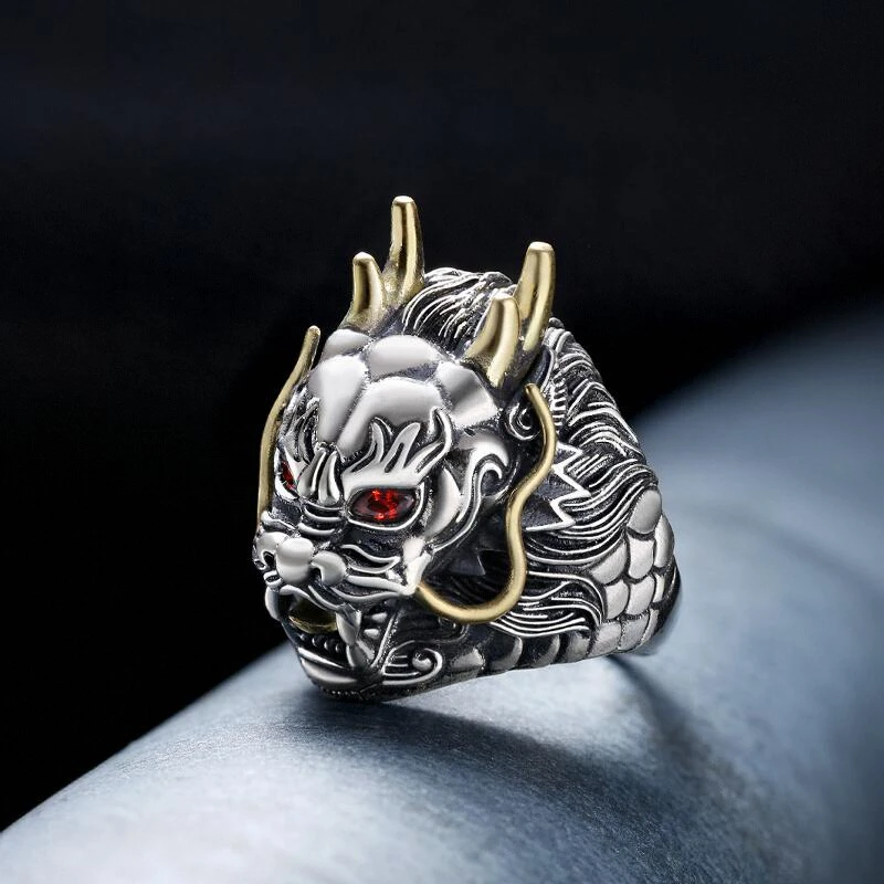 925银戒指 霸气龙头男士戒指纯银潮人个性女活口复古老鹰指环配饰