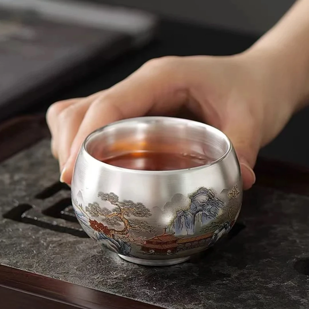 德化世外桃源禅定银杯主人杯+锦绣礼盒 Y75