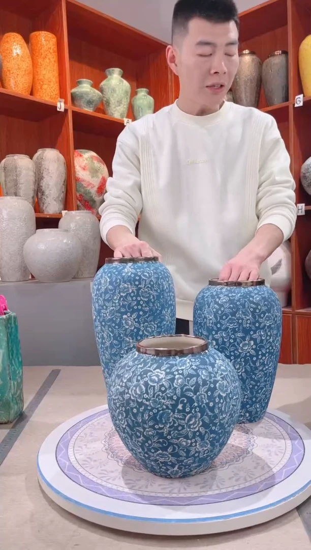 【闪购商品】瓶青花芙蓉 三件套 陶瓷花瓶 无花