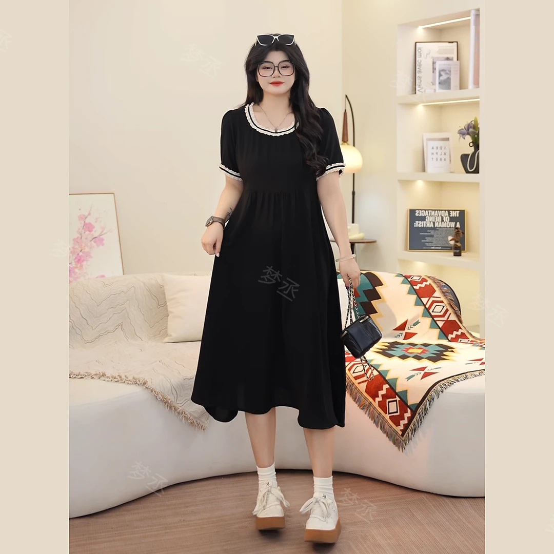 梦丞-胖mm大码女装夏季设计感蕾丝花边气质优雅短袖连衣裙女