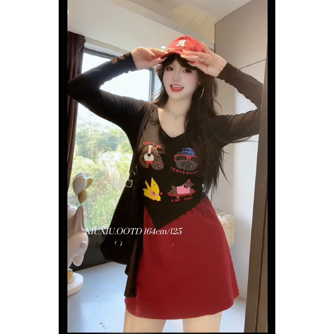 【暴富小狗】7181微胖mm休闲百搭显瘦印花长袖T恤显瘦短款上衣套装