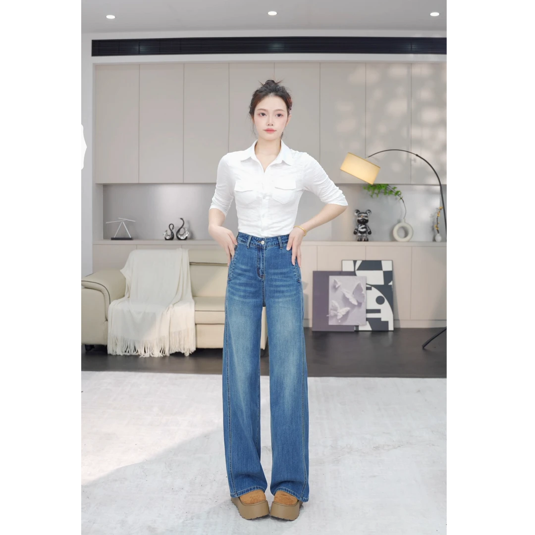 【布鲁斯蓝】2025早秋时尚大牌设计感宽松遮肉垂顺牛仔裤女1082-蕾