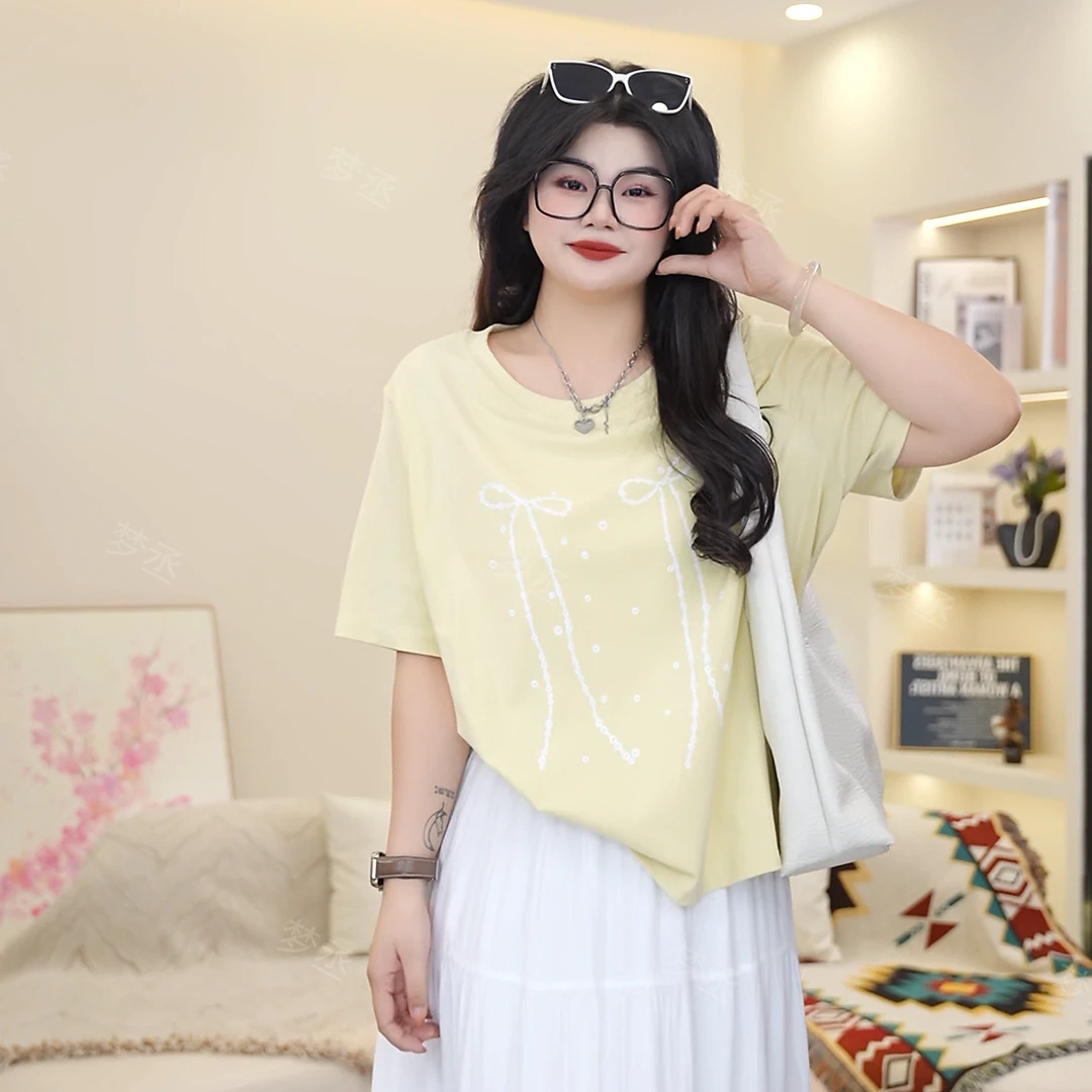 梦丞-胖妹妹大码女装圆领蝴蝶结印花温柔百搭小众减龄短袖上衣女