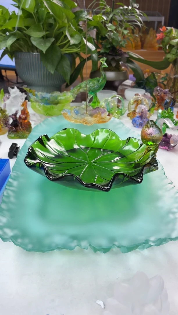 手工艺品琉璃绿色荷花果盘20公分