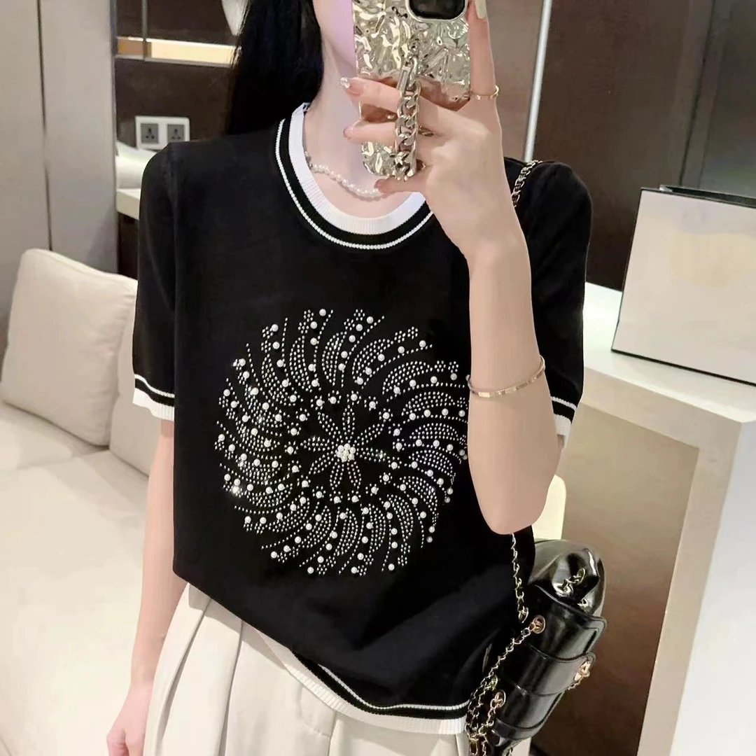 2025夏季短袖T恤宽松大码时尚重工钉珠镶钻冰丝针织衫上衣女气质