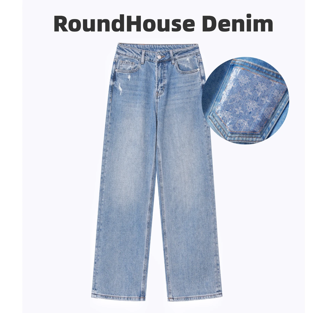 深圳南油/手工珠片/春夏新款微弹后袋高端直筒阔腿牛仔裤女20318