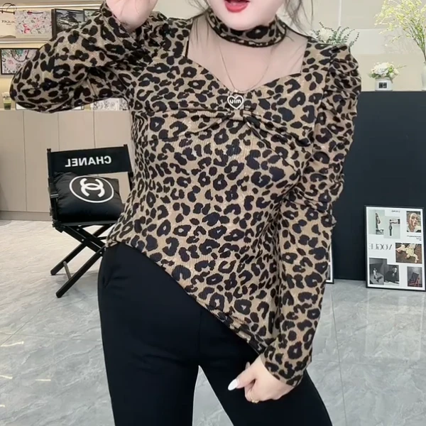 拼接镂空大码女网纱爱心长袖极简风T恤秋季百搭设计师豹纹打底衫