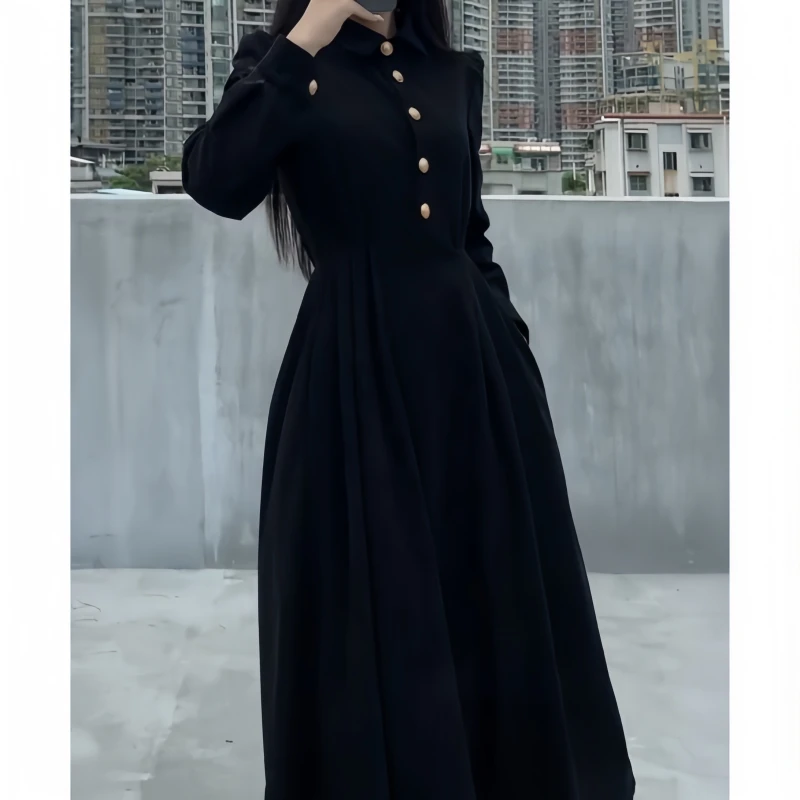 早秋时尚百搭风气质简约连衣裙小众polo领纽扣长袖收腰显瘦连衣裙