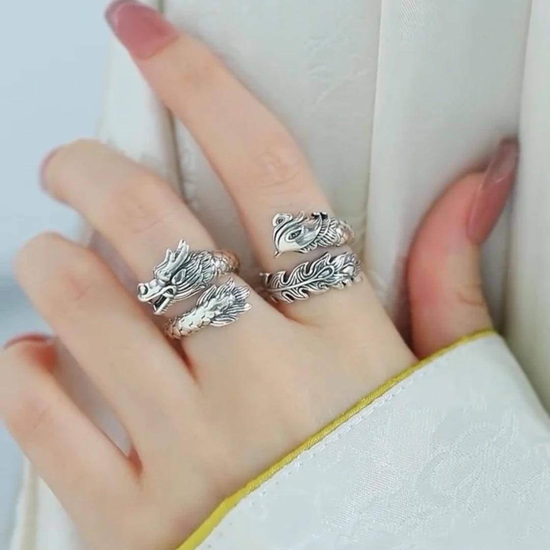 复古做旧龙凤对戒男女开口可调节设计感指环龙凤呈祥国风百搭气质