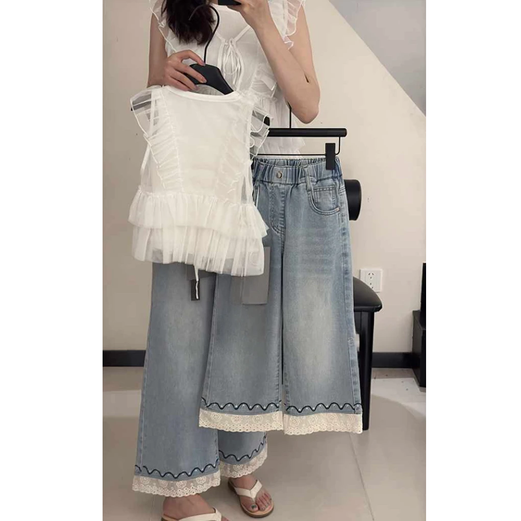 【豪宝贝】2025夏款星星刺绣波浪花边直筒牛仔裤6118