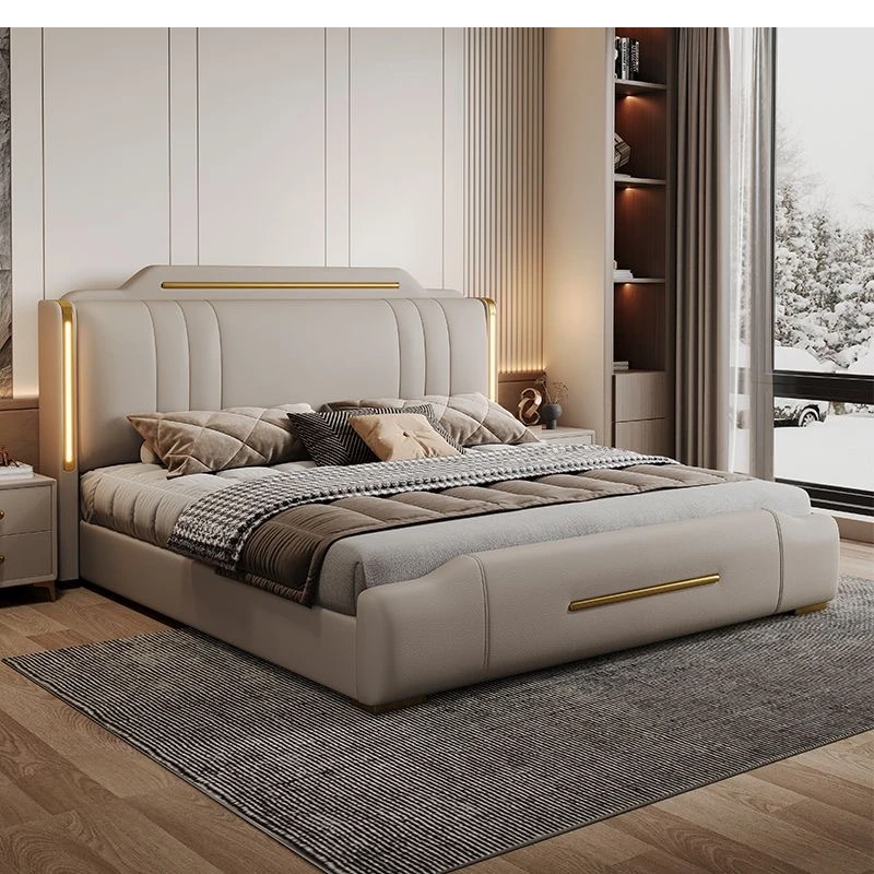 带灯高端大气真皮牛皮床轻奢北欧1.8米落地主卧室双人大床3630