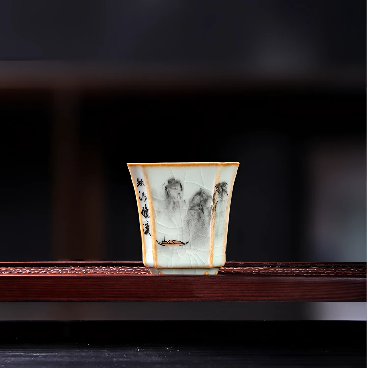 汝窑手绘中式汝瓷四方复古茶盏主人茶杯纯手工大师级聚香杯闻香杯