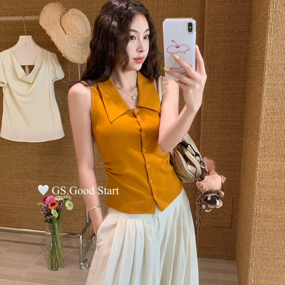 GS韩系polo翻领无袖针织衫上衣女夏季新款气质修身显瘦单排扣背心