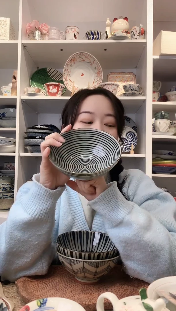 陶瓷美浓烧和心条纹米饭碗14.5cm