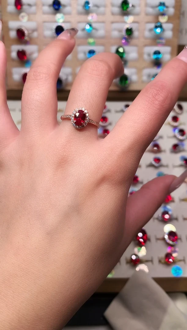 银S925镶嵌戒指红宝石5*7 酒红 玫瑰金托