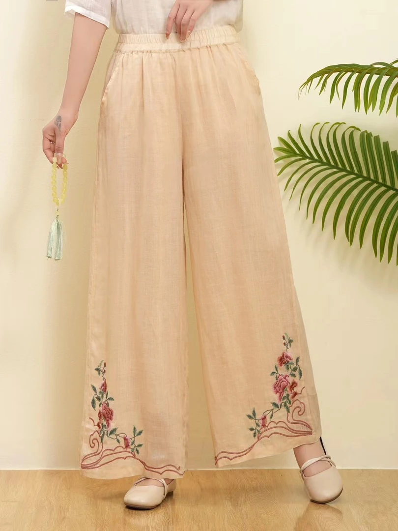 炫织梦多金2025春夏新款文艺复古新中式松紧腰宽松苎麻绣花阔腿裤