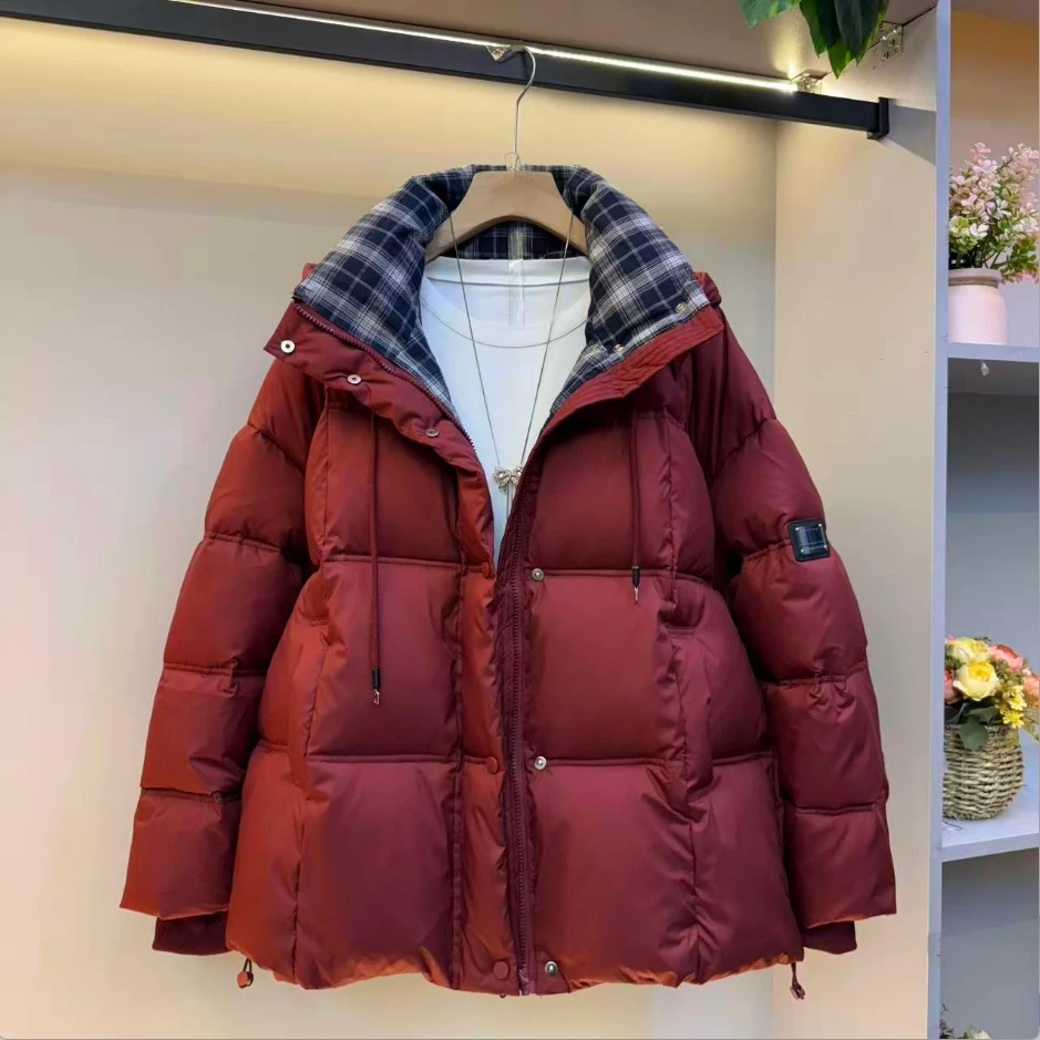 冬季新款大码女装时尚休闲连帽纯色高级感棉服外套