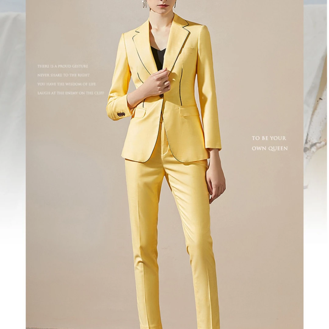 203020新品高端时尚洋气黄色西装套装女气质名媛总裁职业套裤S