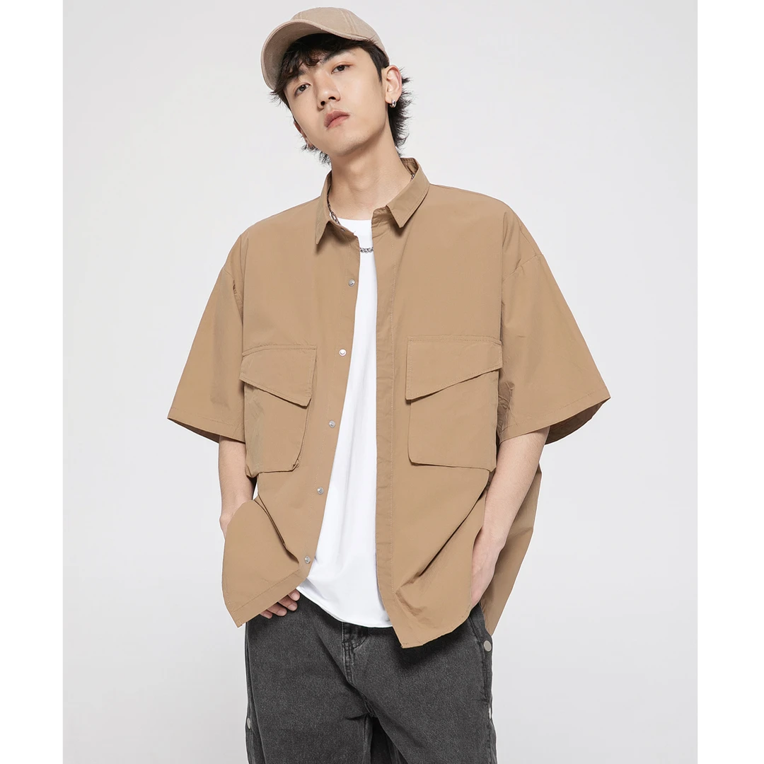 C2628夏季潮牌日系简约情侣百搭设计感纯色短袖衬衫